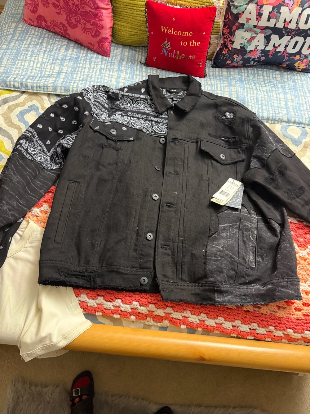 Jordan Craig Black Patchwork Bandana-Accent Denim Jacket